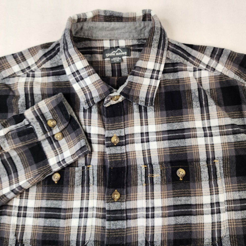 Eddie‎ Bauer Men XL Flannel Shirt Black Gray Plaid Long Sleeve Button Up Cotton